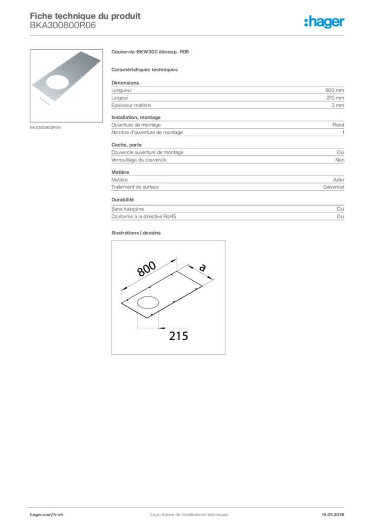 Image Hager Fiche technique du produit BKA300800R06 | Hager Suisse