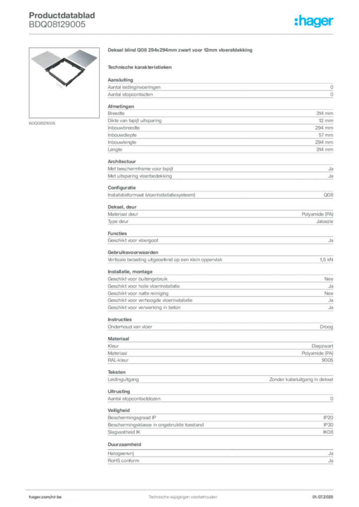 Afbeelding Hager Productdatablad BDQ08129005 | Hager Belgium