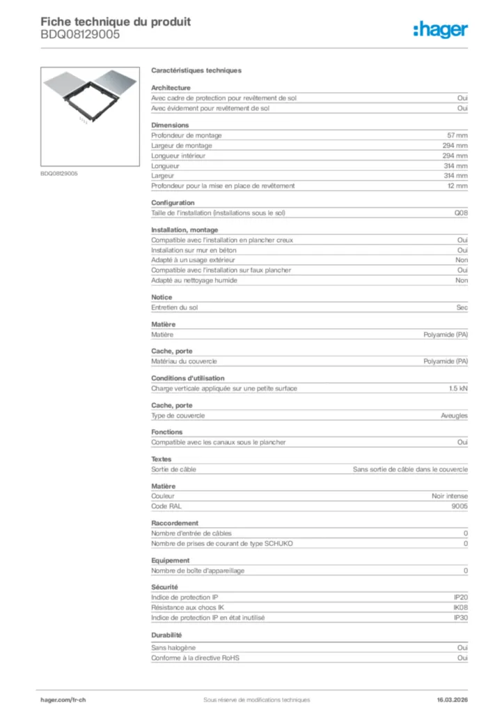 Image Hager Fiche technique du produit BDQ08129005 | Hager Suisse