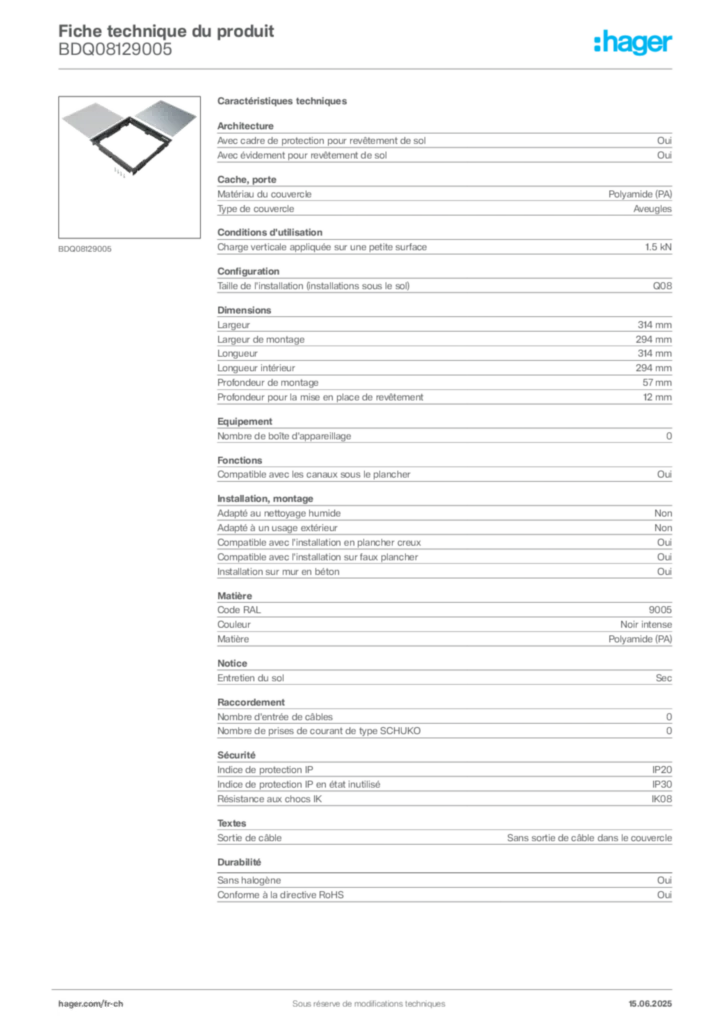 Image Hager Fiche technique du produit BDQ08129005 | Hager Suisse