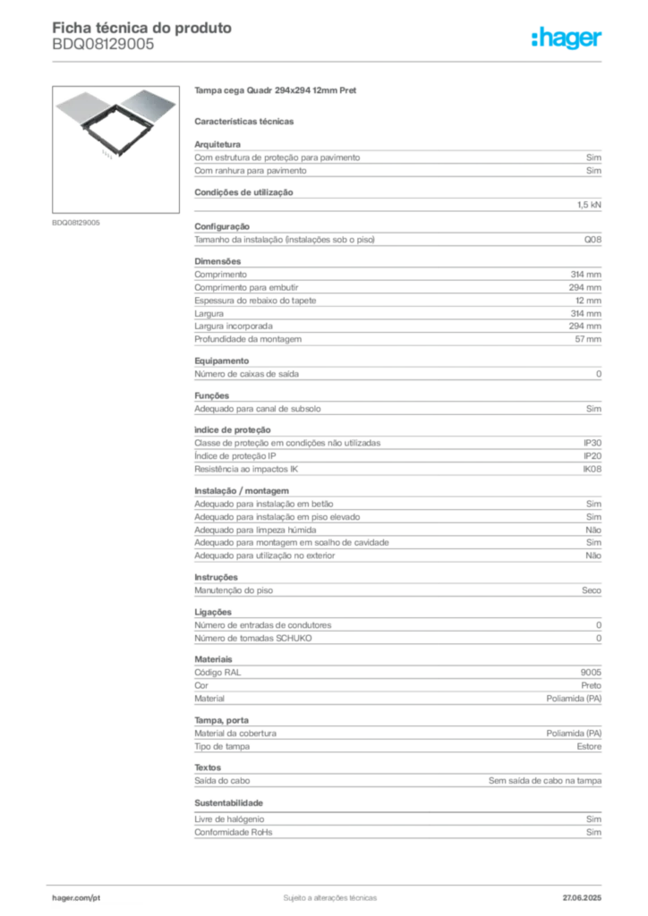 Imagem Hager Ficha técnica do produto BDQ08129005 | Hager Portugal