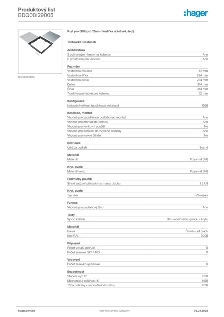 Obrázek Hager Product data sheet BDQ08129005 | Hager