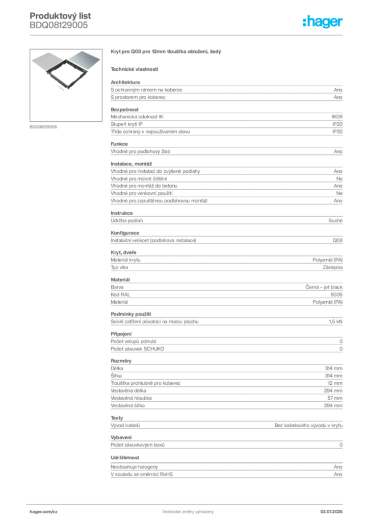 Obrázek Hager Produktový list BDQ08129005 | Hager