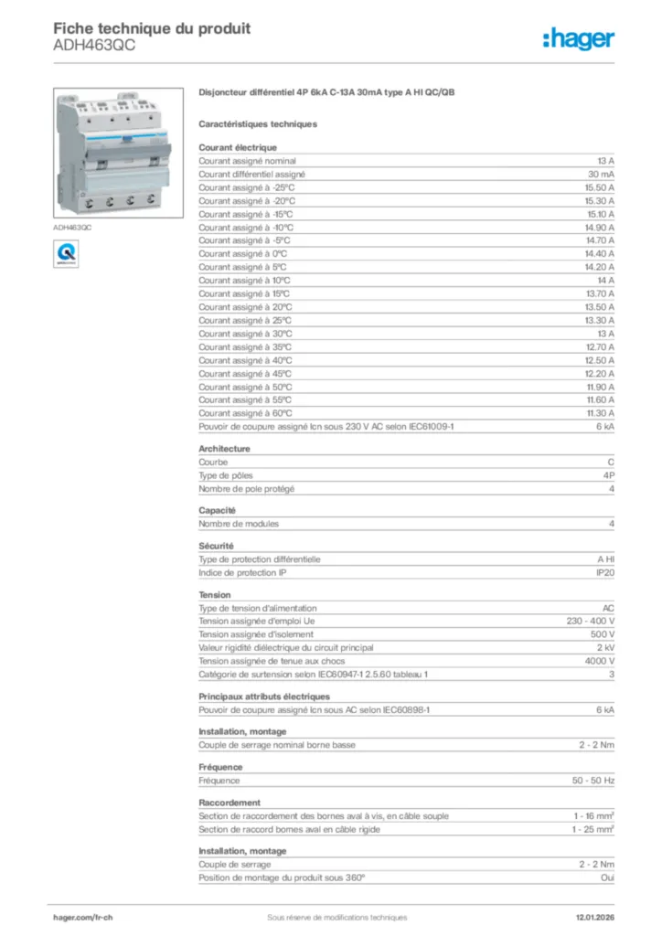 Image Hager Fiche technique du produit ADH463QC | Hager Suisse