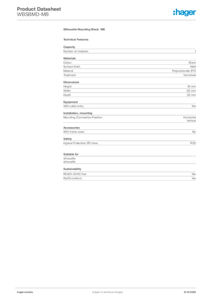 Image Hager Product data sheet WBSBMD-MB  | Hager Australia
