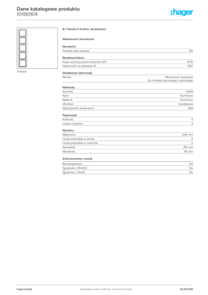 Zdjęcie Hager Dane katalogowe produktu 10156904 | Hager Polska