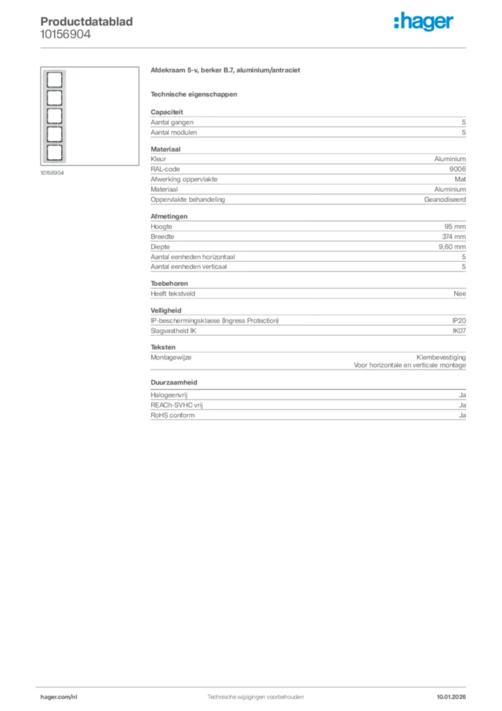 Afbeelding Hager Productdatablad 10156904 | Hager Nederland