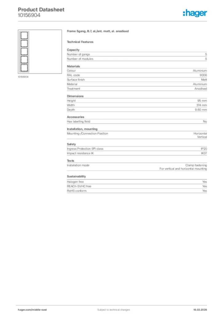 Image Hager Product data sheet 10156904  | Hager