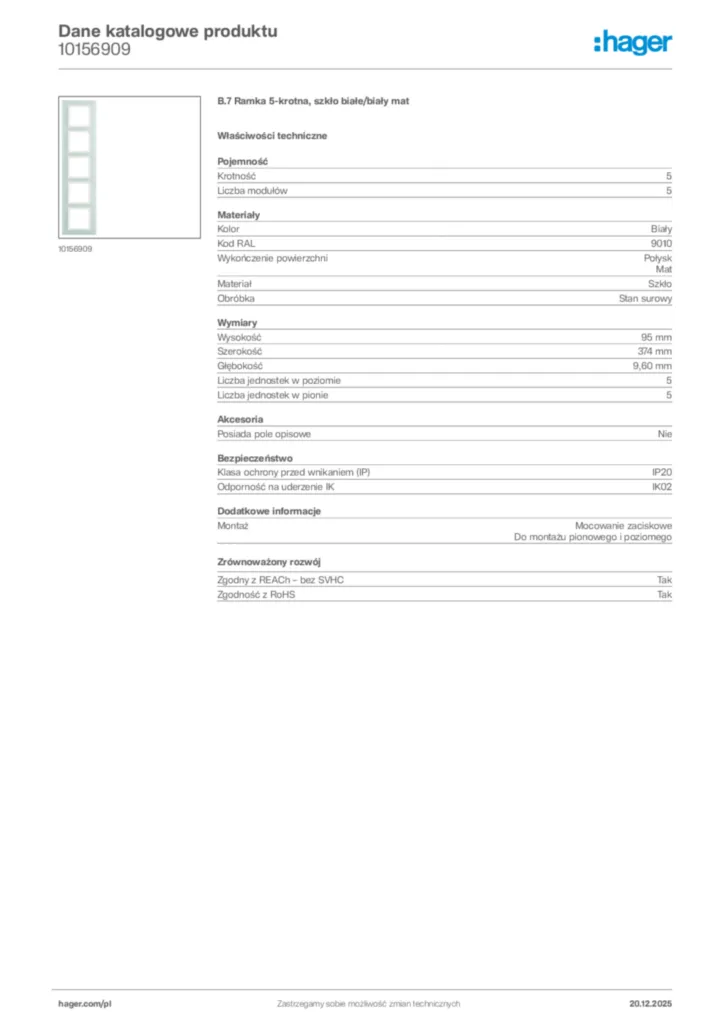 Zdjęcie Hager Dane katalogowe produktu 10156909 | Hager Polska