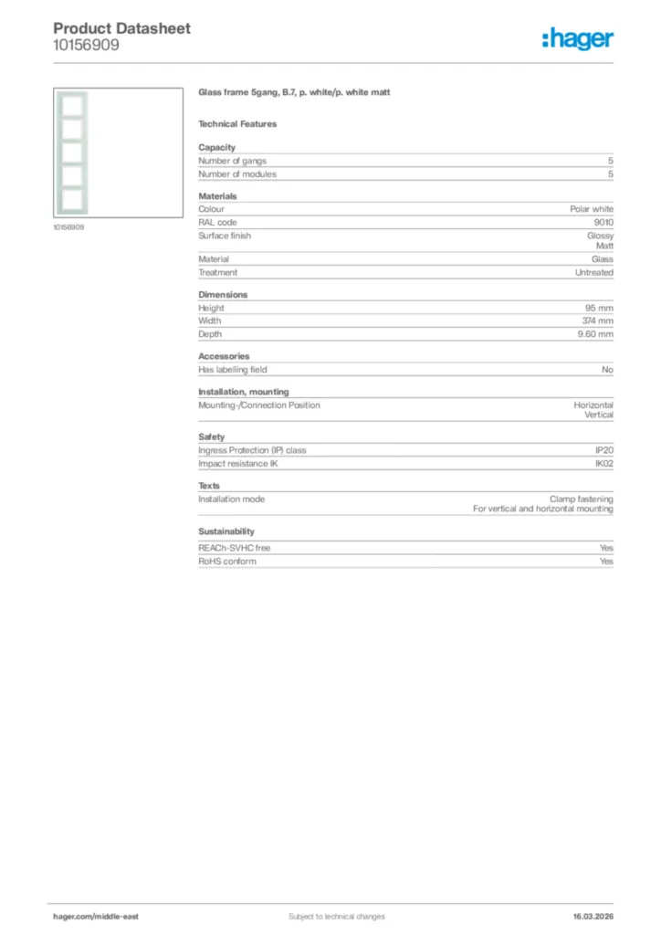 Image Hager Product data sheet 10156909  | Hager