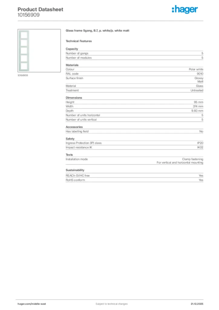 Image Hager Product data sheet 10156909  | Hager