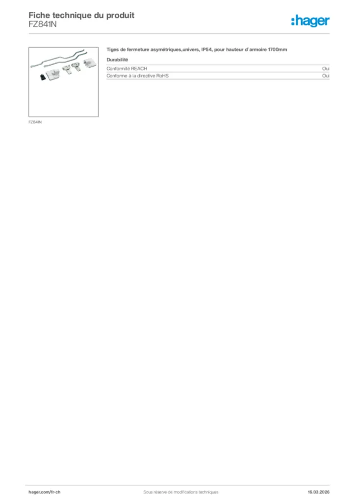 Image Hager Fiche technique du produit FZ841N | Hager Suisse