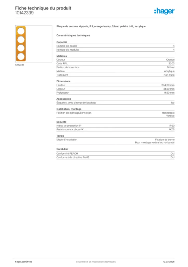 Image Hager Fiche technique du produit 10142339 | Hager Belgique