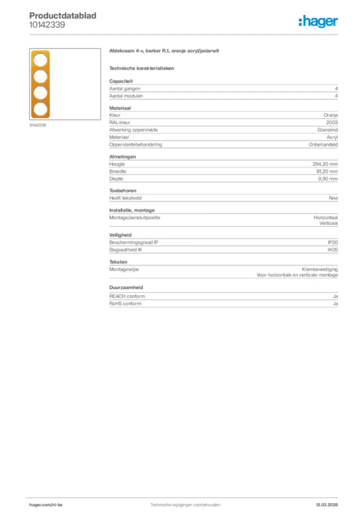 Afbeelding Hager Productdatablad 10142339 | Hager Belgium