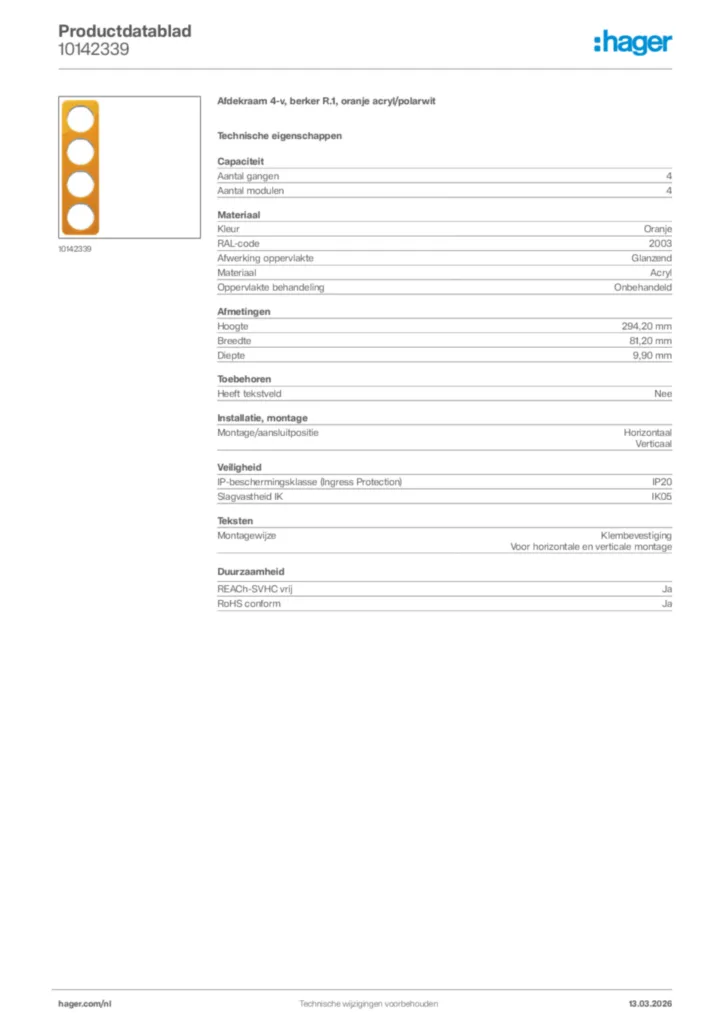 Afbeelding Hager Productdatablad 10142339 | Hager Nederland