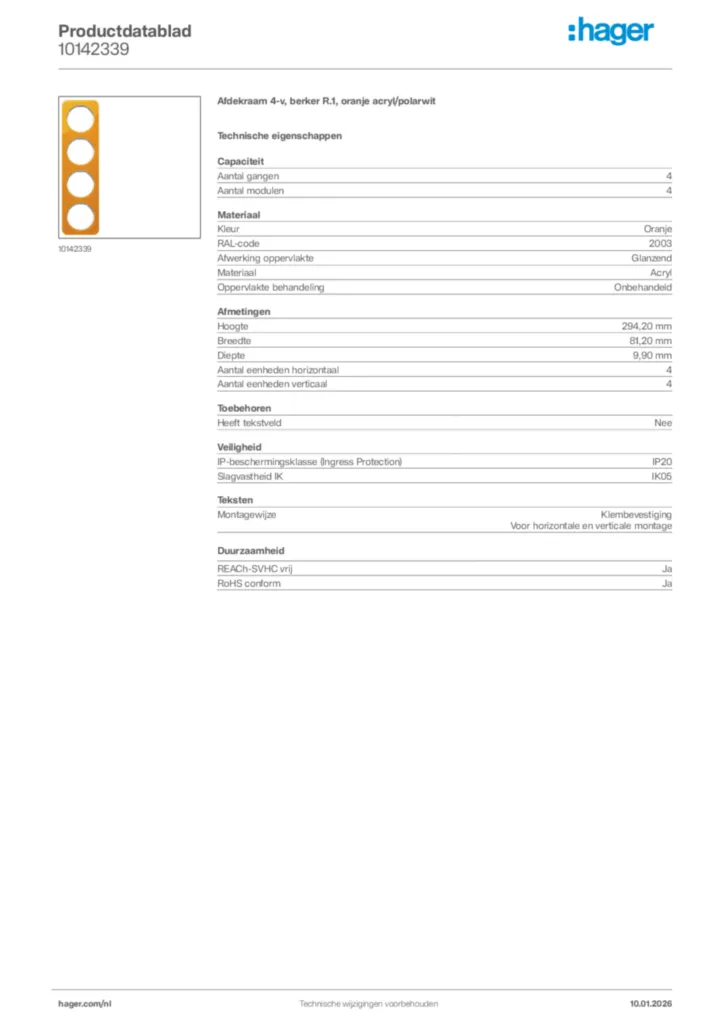 Afbeelding Hager Productdatablad 10142339 | Hager Nederland