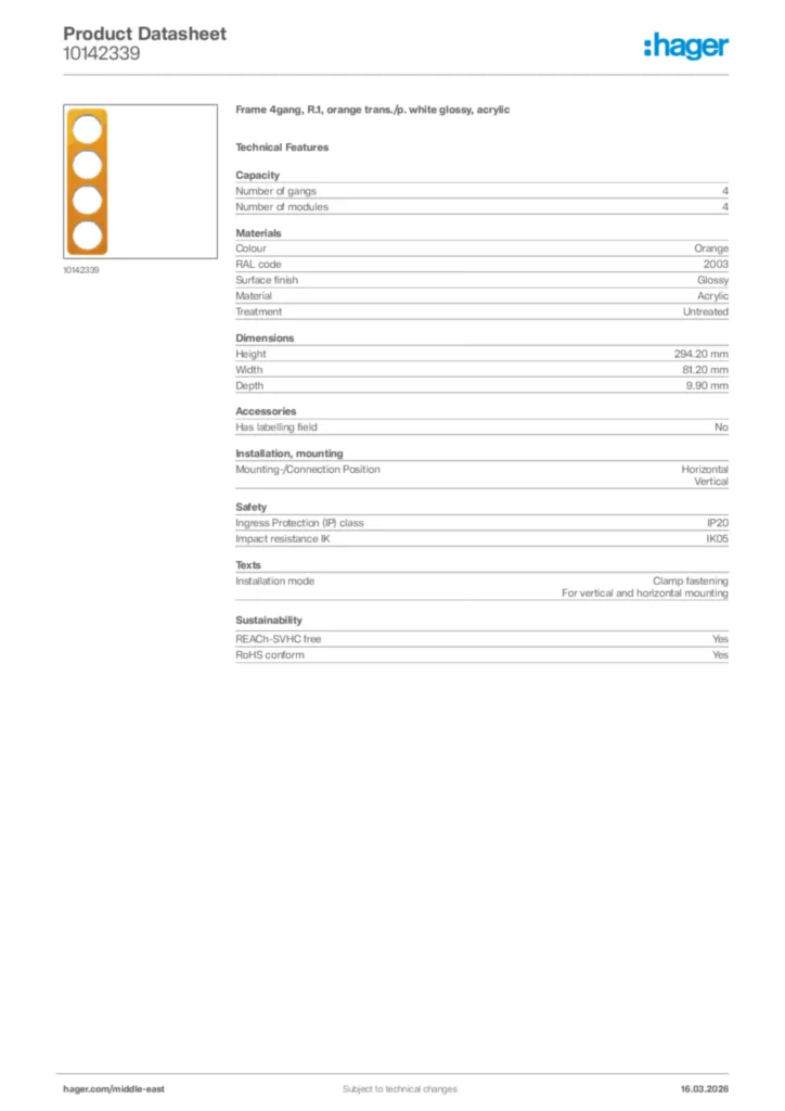Image Hager Product data sheet 10142339  | Hager