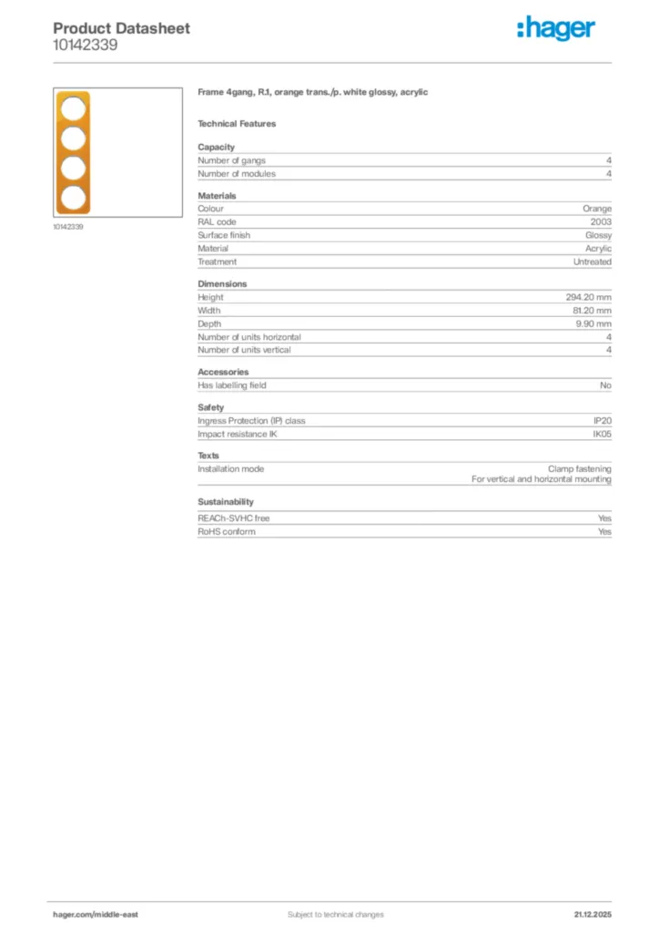 Image Hager Product data sheet 10142339  | Hager