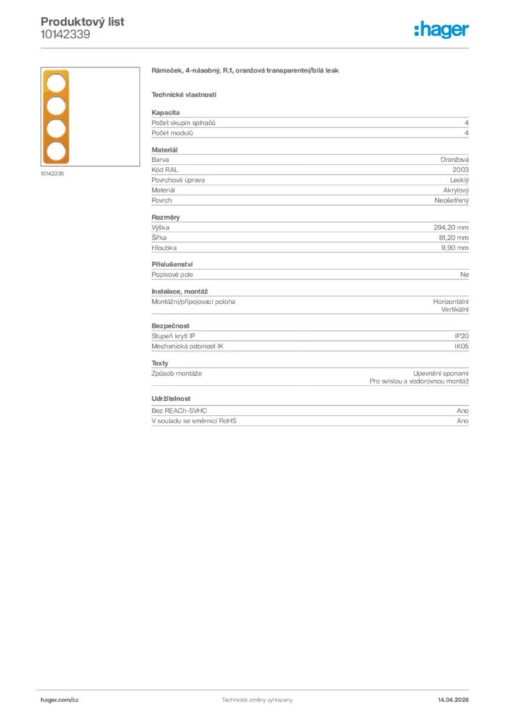Obrázek Hager Product data sheet 10142339 | Hager