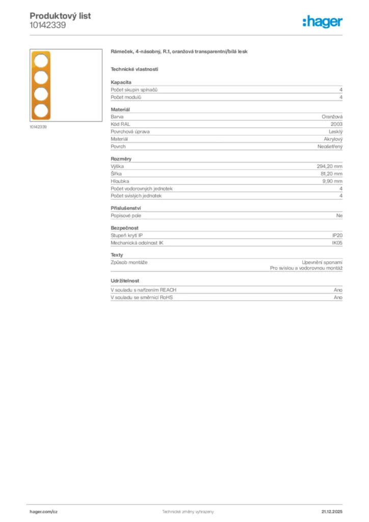 Obrázek Hager Produktový list 10142339 | Hager