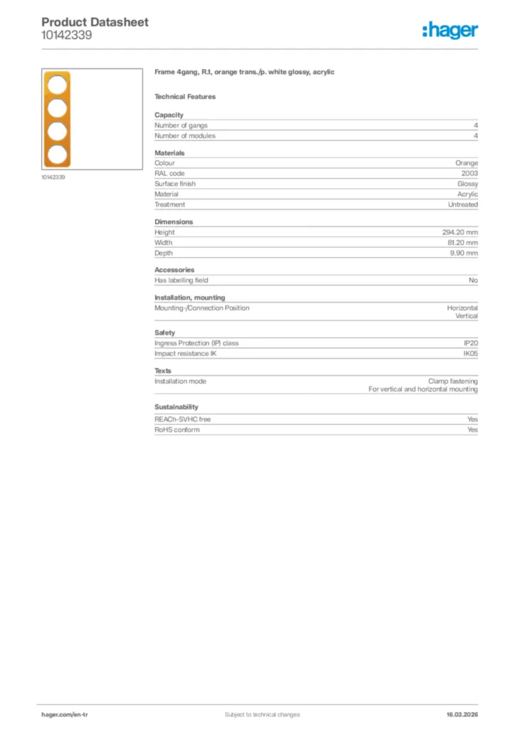 Image Hager Product data sheet 10142339  | Hager