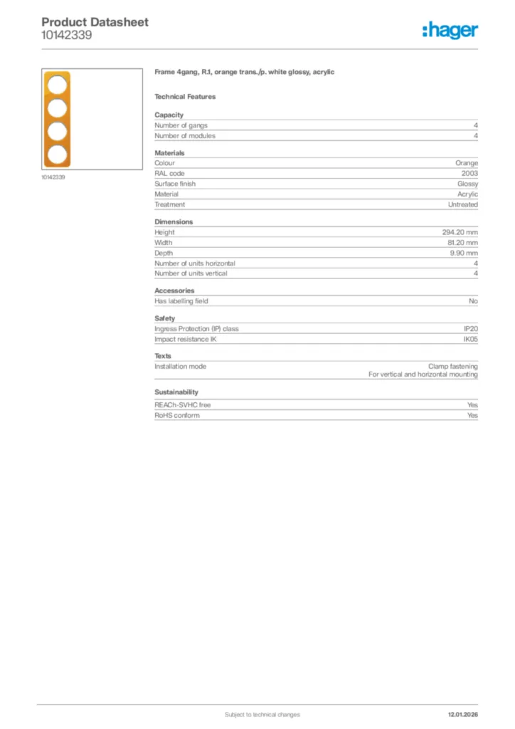 Image Hager Product data sheet 10142339  | Hager