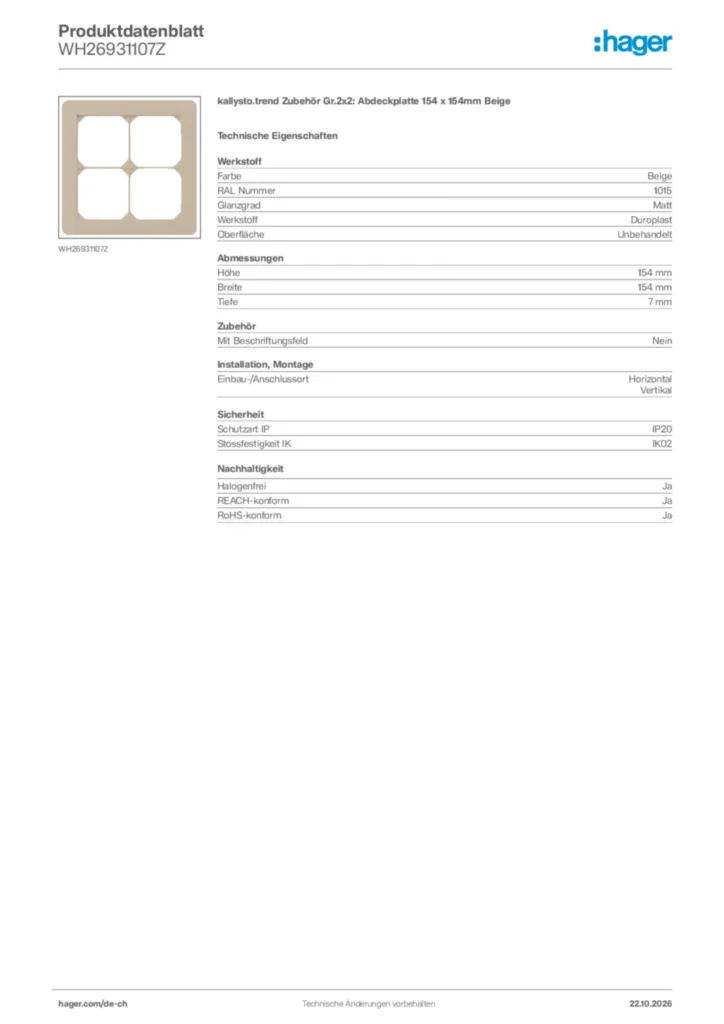 Bild Hager Produktdatenblatt WH26931107Z | Hager Schweiz