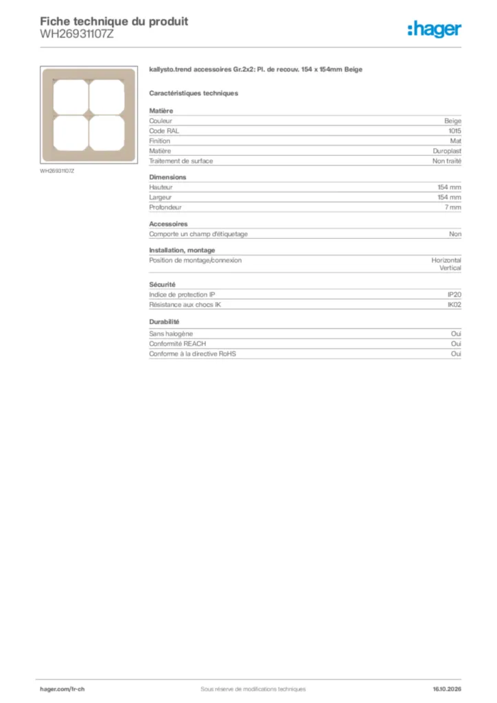 Image Hager Fiche technique du produit WH26931107Z | Hager Suisse