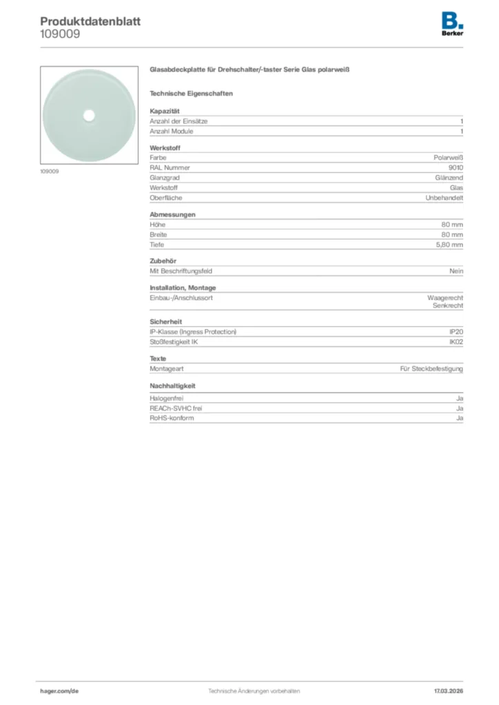 Bild Berker Produktdatenblatt 109009 | Hager Deutschland