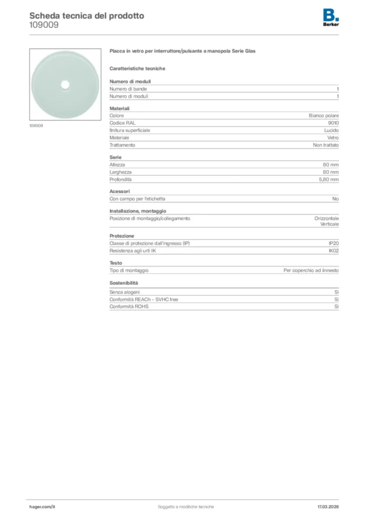 Immagine Berker Scheda tecnica del prodotto 109009 | Hager Italia