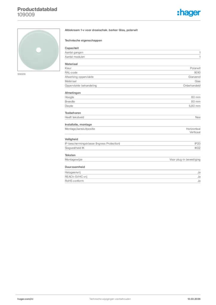 Afbeelding Hager Productdatablad 109009 | Hager Nederland