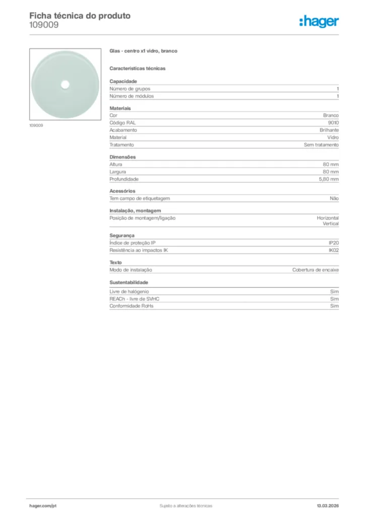 Imagem Hager Ficha técnica do produto 109009 | Hager Portugal
