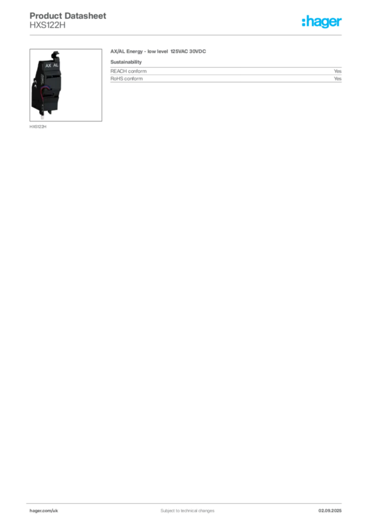 Image Hager Product data sheet HXS122H  | Hager