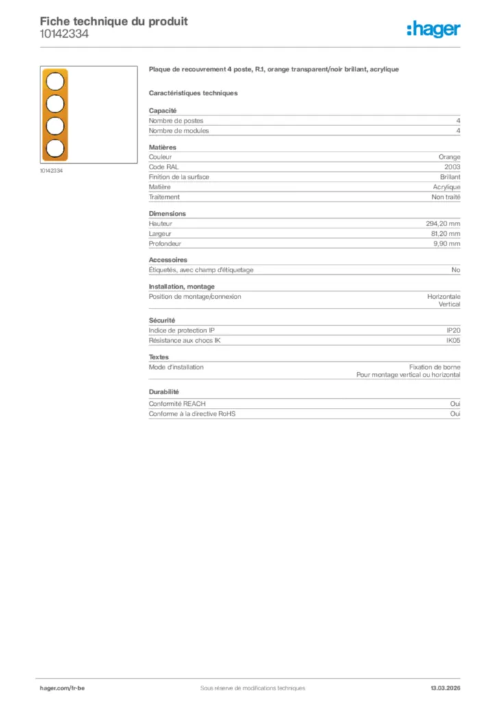 Image Hager Fiche technique du produit 10142334 | Hager Belgique