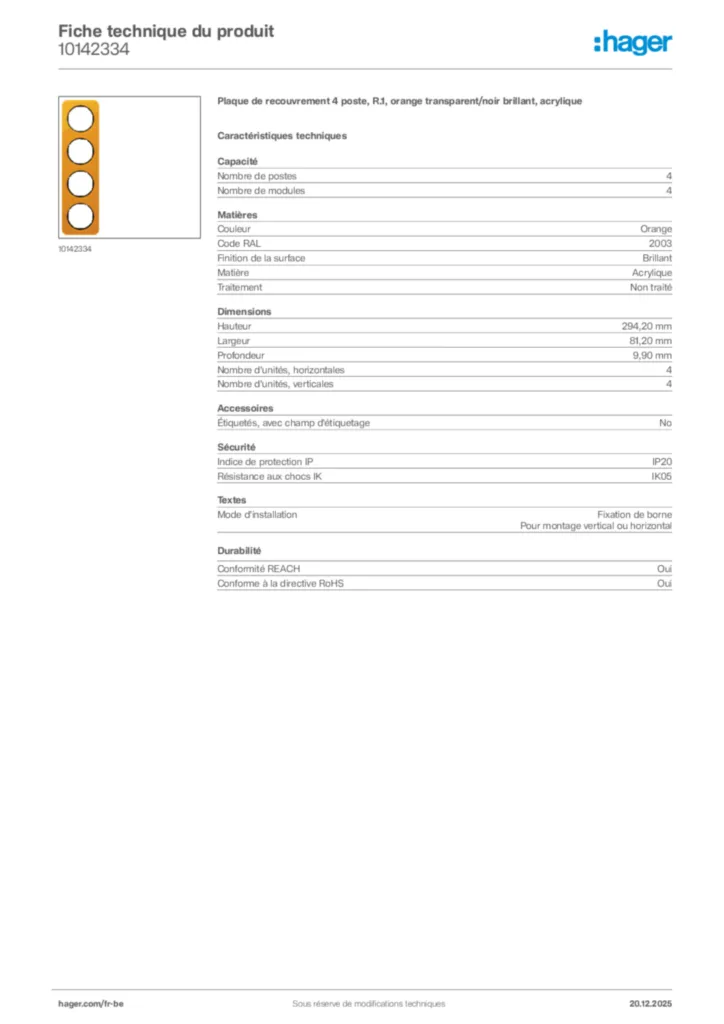 Image Hager Fiche technique du produit 10142334 | Hager Belgique