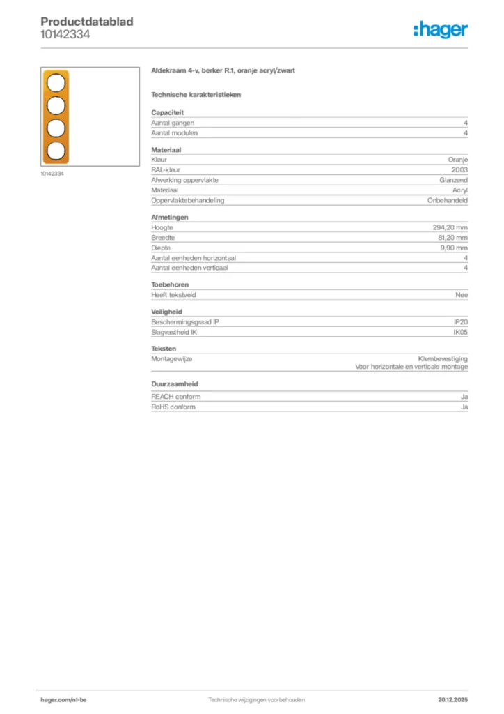 Afbeelding Hager Productdatablad 10142334 | Hager Belgium