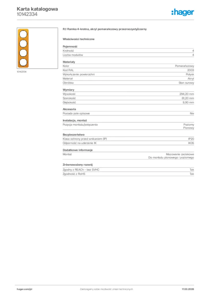 Zdjęcie Hager Karta katalogowa 10142334 | Hager Polska