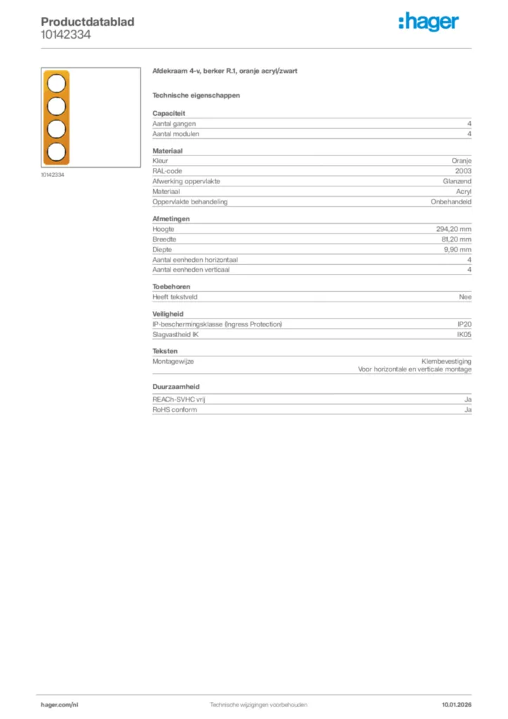 Afbeelding Hager Productdatablad 10142334 | Hager Nederland