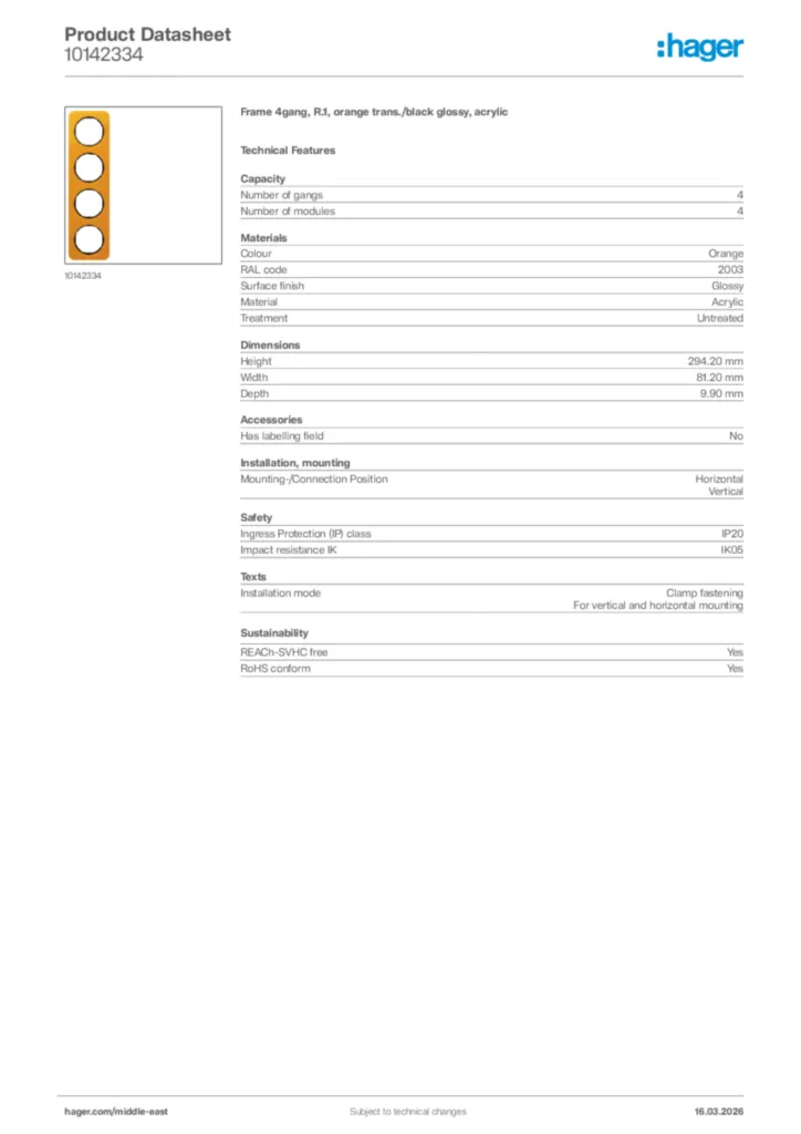 Image Hager Product data sheet 10142334  | Hager
