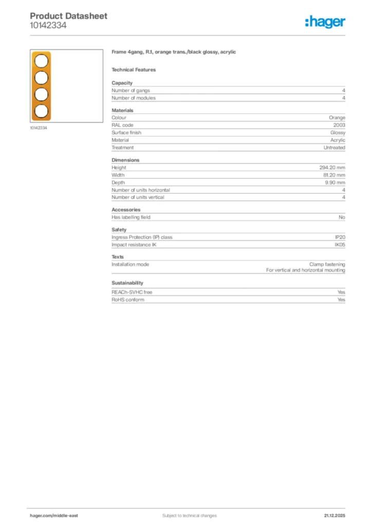 Image Hager Product data sheet 10142334  | Hager