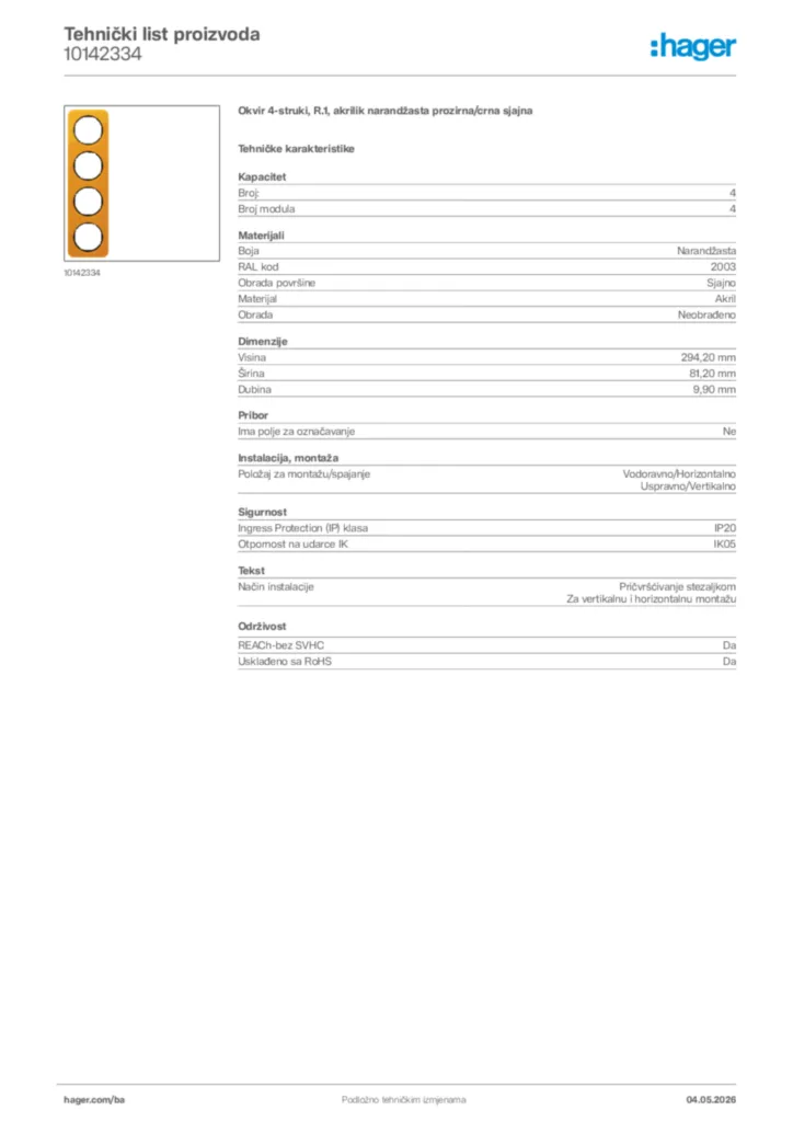 Slika Hager Tehnički list proizvoda 10142334  | Hager