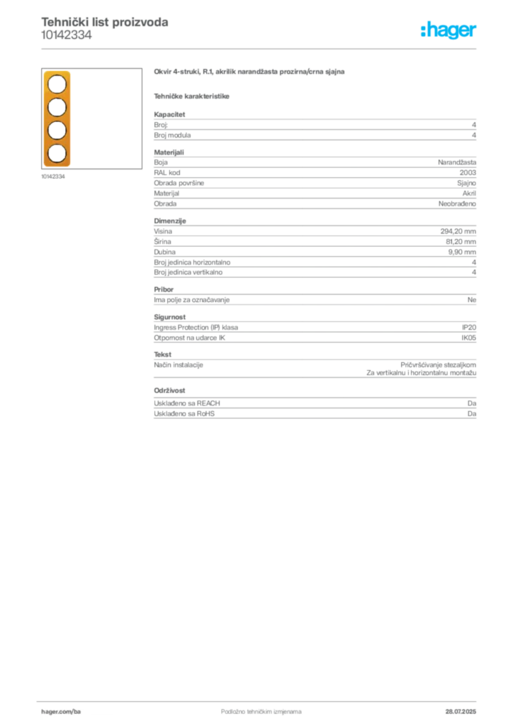 Slika Hager Product data sheet 10142334  | Hager