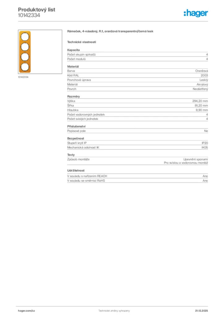 Obrázek Hager Produktový list 10142334 | Hager