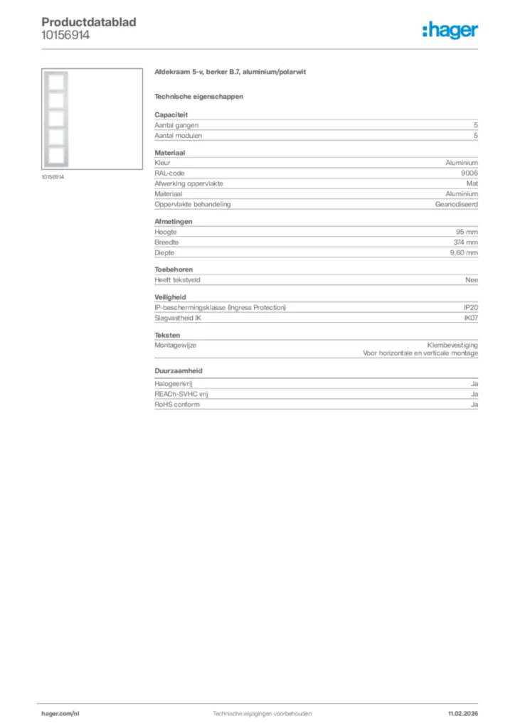 Afbeelding Hager Productdatablad 10156914 | Hager Nederland