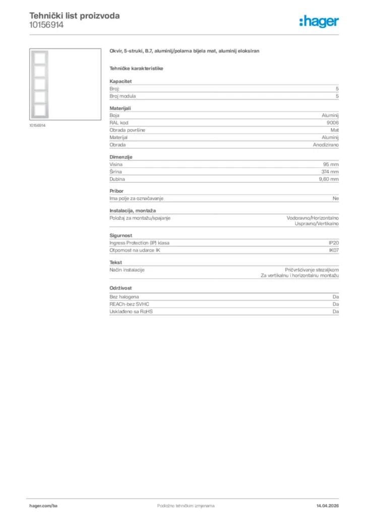 Slika Hager Tehnički list proizvoda 10156914  | Hager