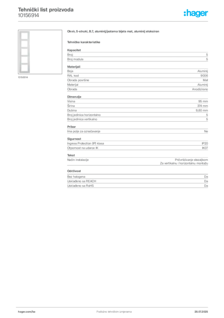 Slika Hager Product data sheet 10156914  | Hager