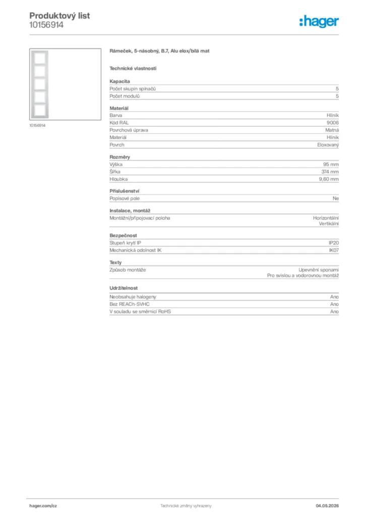 Obrázek Hager Product data sheet 10156914 | Hager