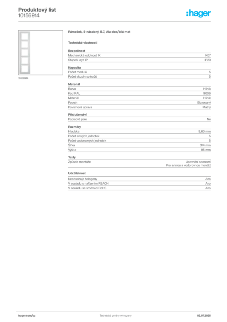 Obrázek Hager Produktový list 10156914 | Hager