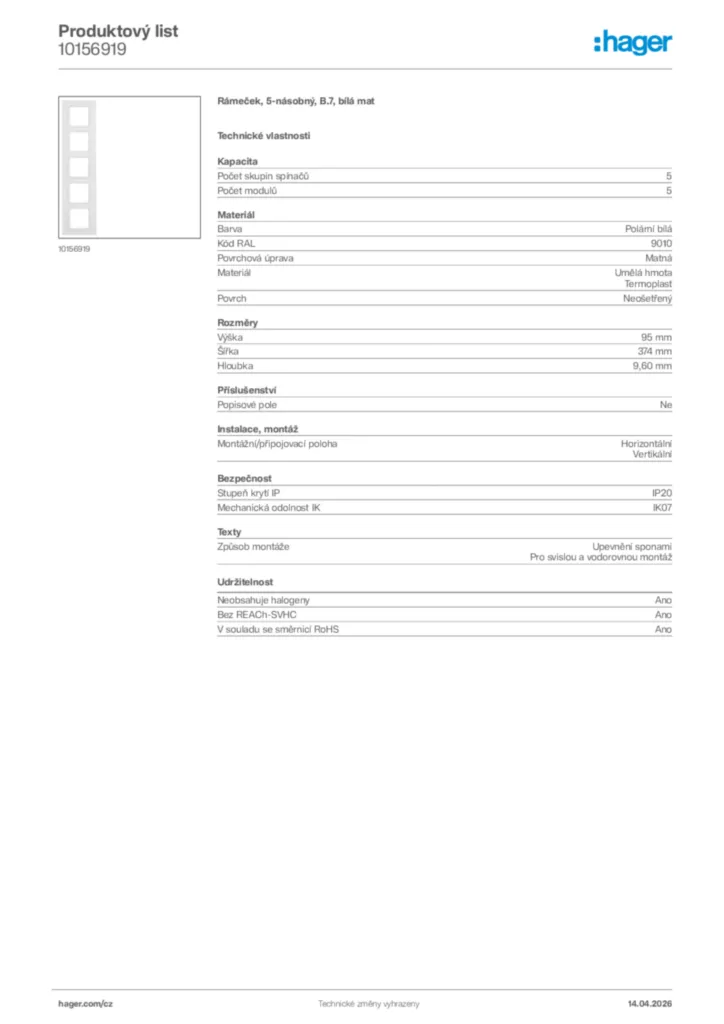 Obrázek Hager Product data sheet 10156919 | Hager