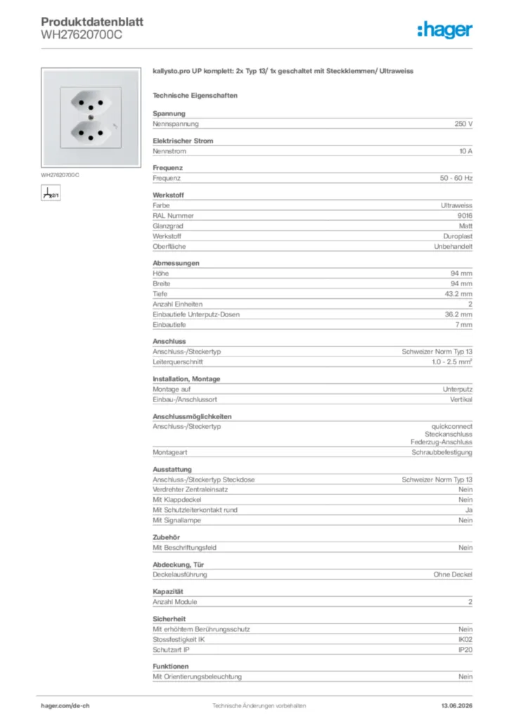 Bild Hager Produktdatenblatt WH27620700C | Hager Schweiz